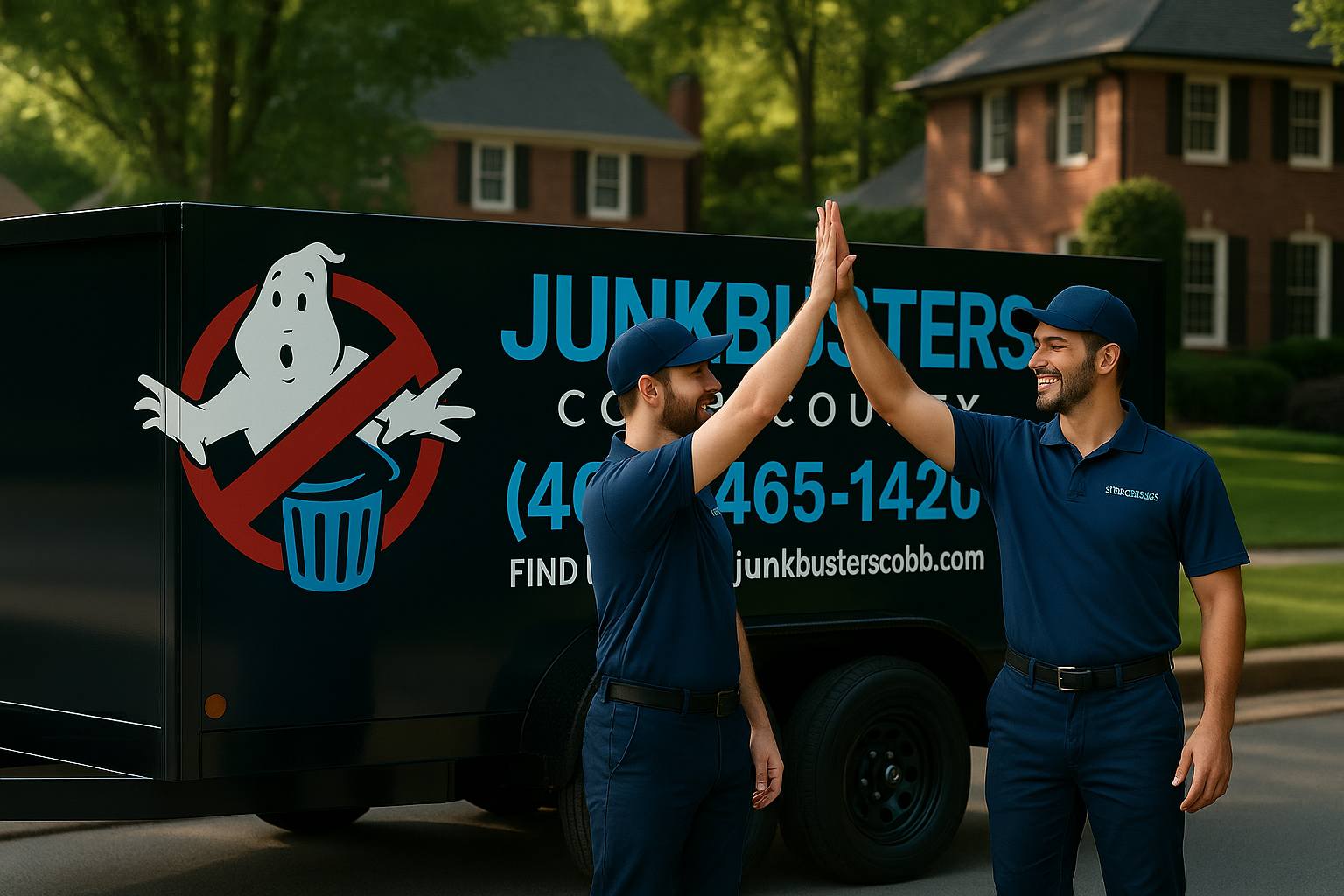 Junk Busters team members high-fiving in front of junk removal truck